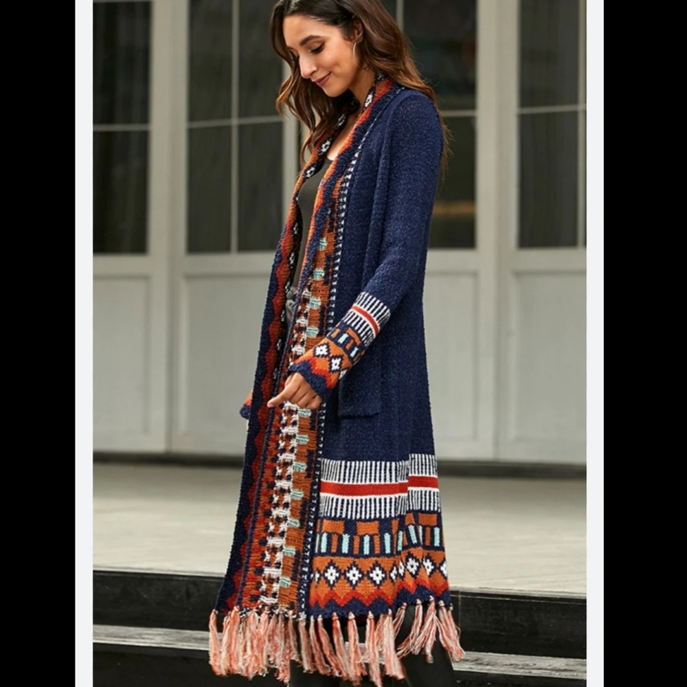 Tassel Hem Open Front Duster (Navy, Brick Red) Women's size Medium Pockets - Picture 2 of 15
